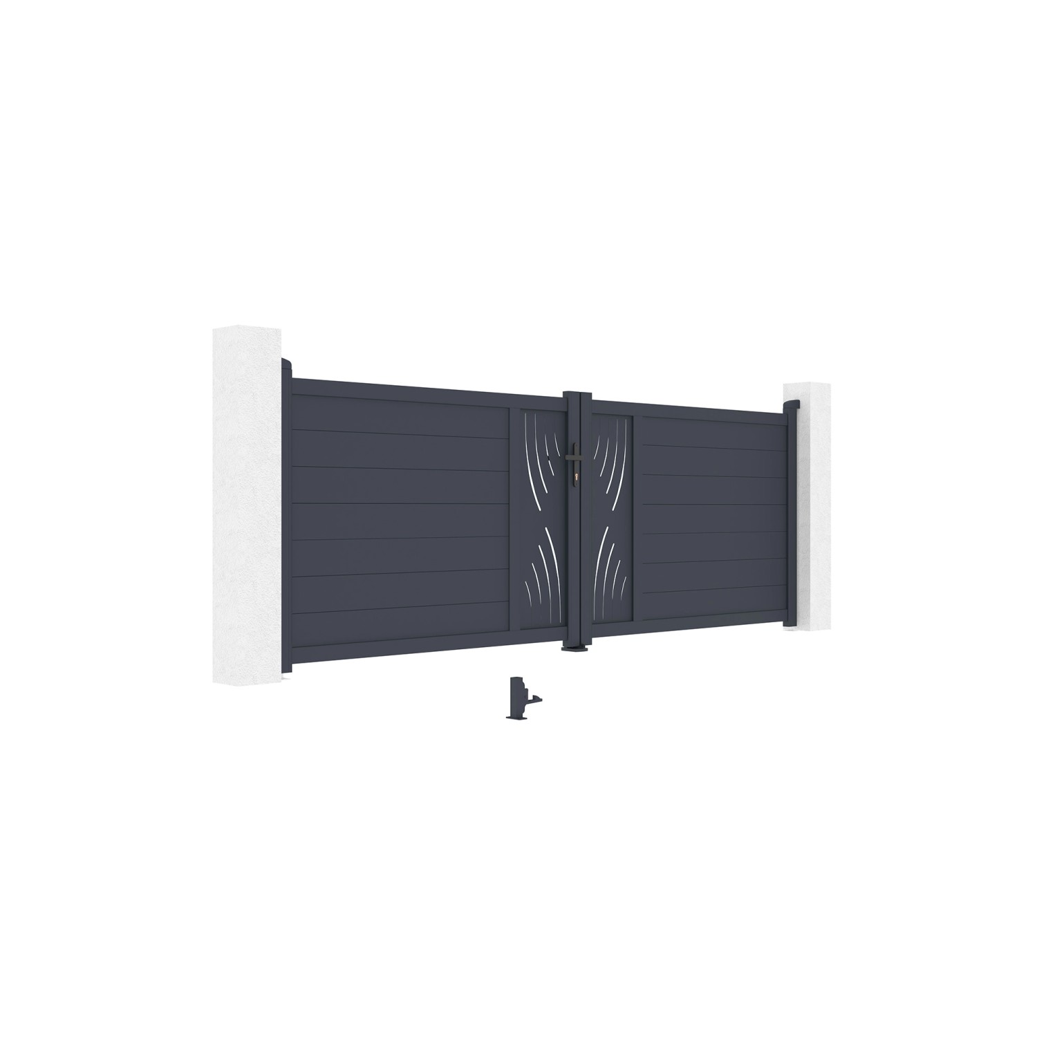 Modernes, graues Casanoov Flügeltor Veleta aus Aluminium mit Motorisierung für den Garten.