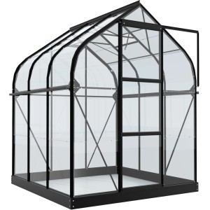 Vitavia Gewächshaus Orion 3800, schwarzer Rahmen, Tür geöffnet, 3,8 m² Grundfläche.