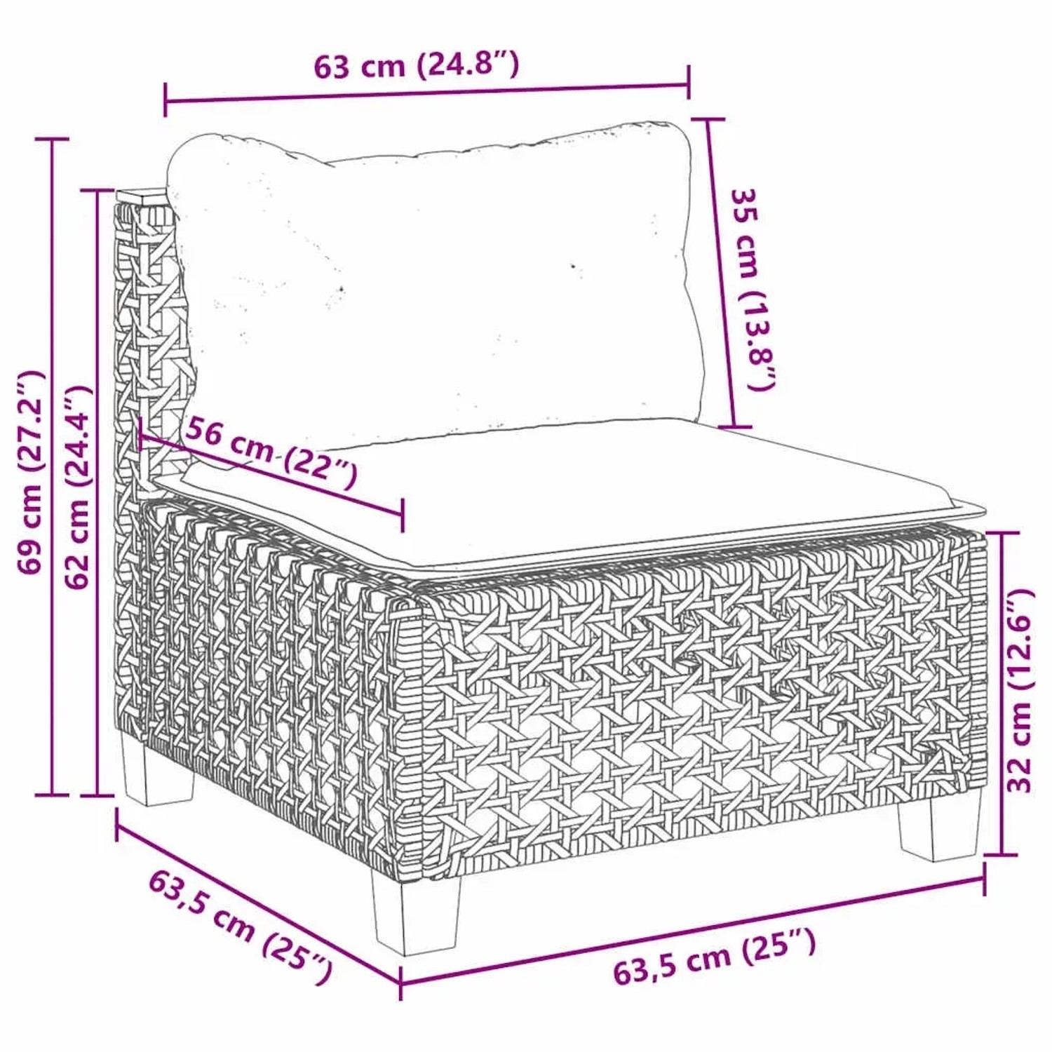 Beige Garten-Sofagarnitur, vidaXL, mit Kissen, aus Poly Rattan, Seitenansicht mit Maßen.