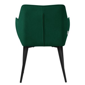 Rückansicht: 6er Set dunkelgrüne Esszimmerstühle mit Frotteebezug und schwarzen Beinen.