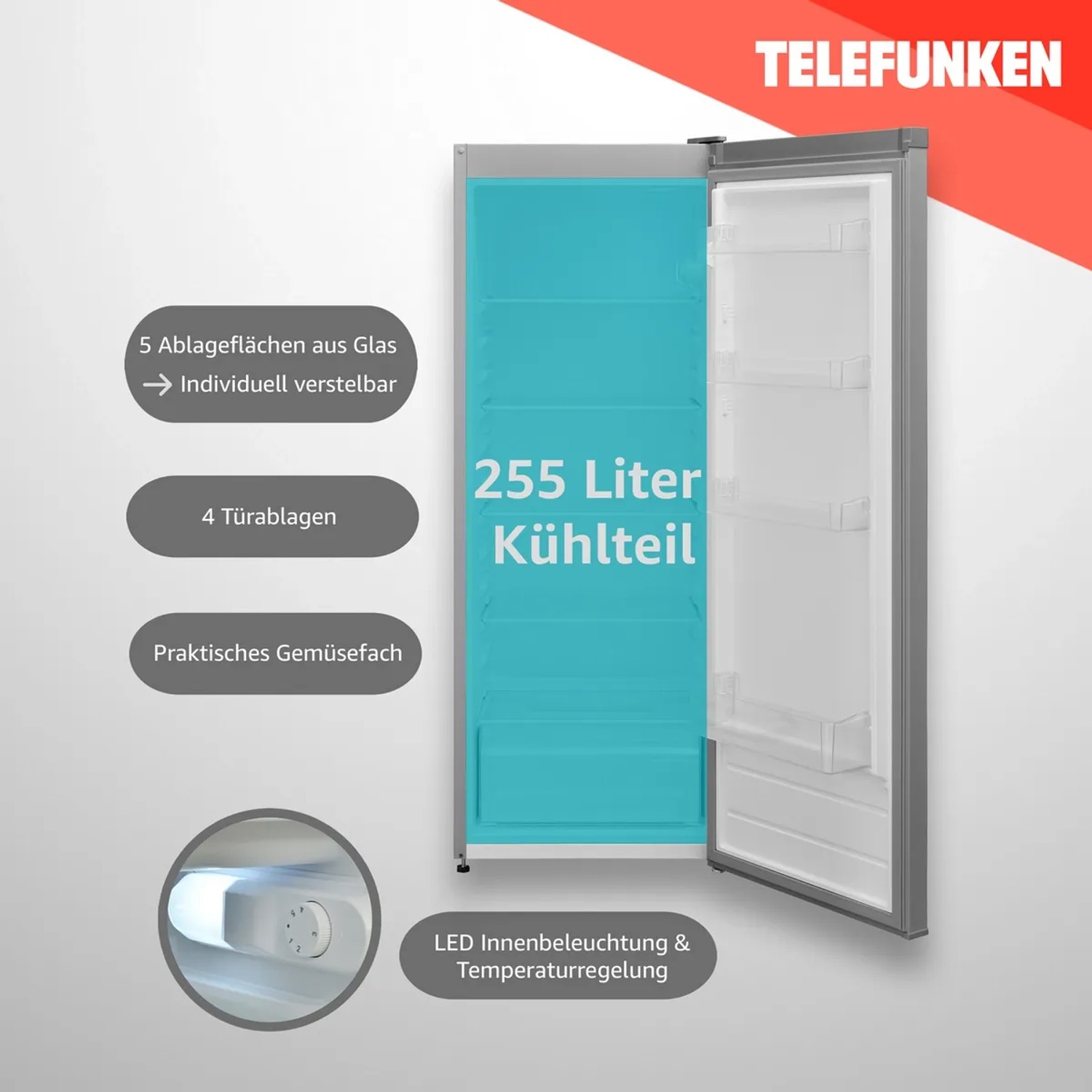 Offener, grauer Telefunken Kühlschrank (255 Liter) mit Gemüsefach und LED-Beleuchtung.