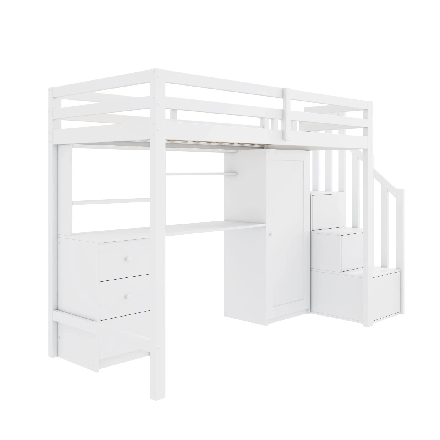 okwish Etagenbett 90x200cm mit Schreibtisch Kleiderschrank und Treppenschrank Weiß ohne Matratze