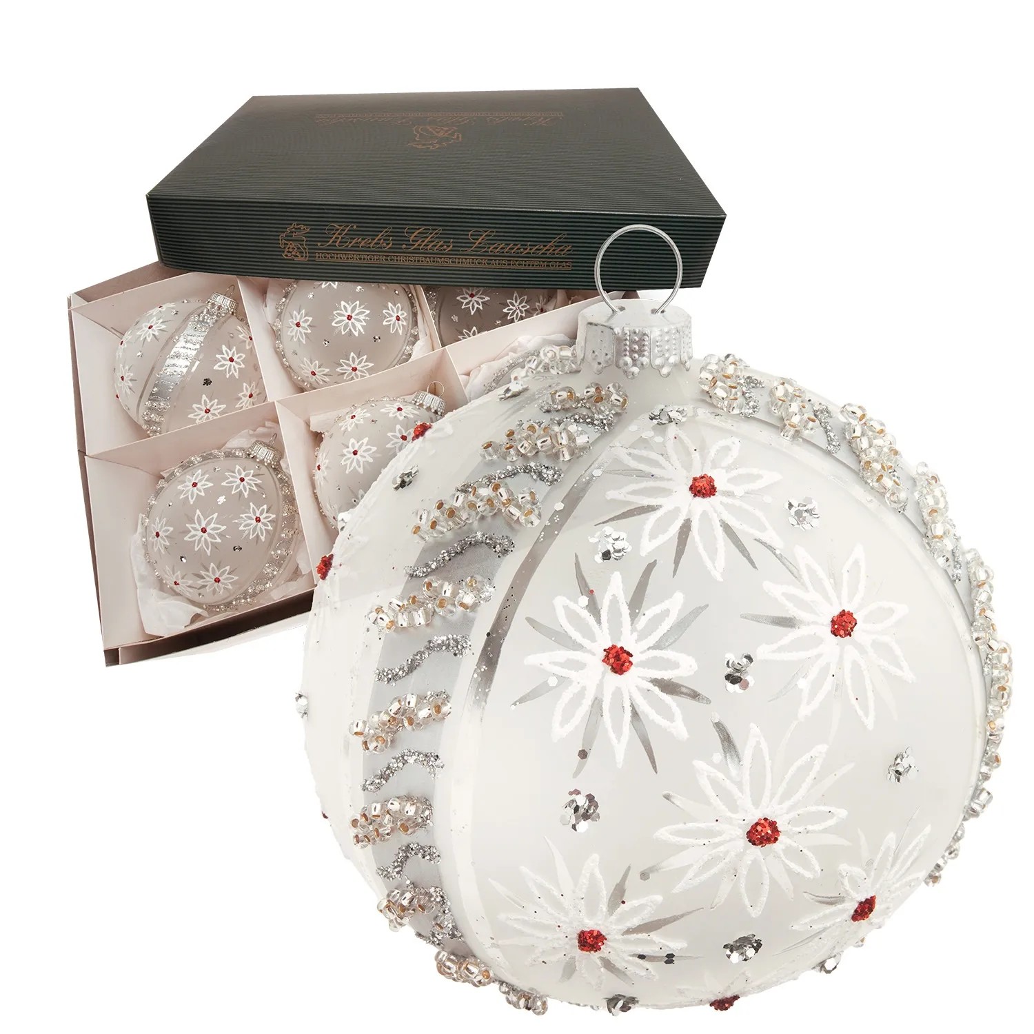 Krebs Glas Lauscha Weihnachtskugeln Winterblumen Silberfarbig 8cm