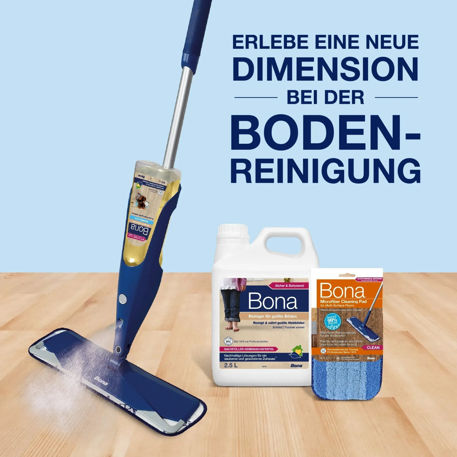 Bona Reiniger Nachfüllkanister 2,5l mit Wischmopp und Reinigungspad für geölte Böden.