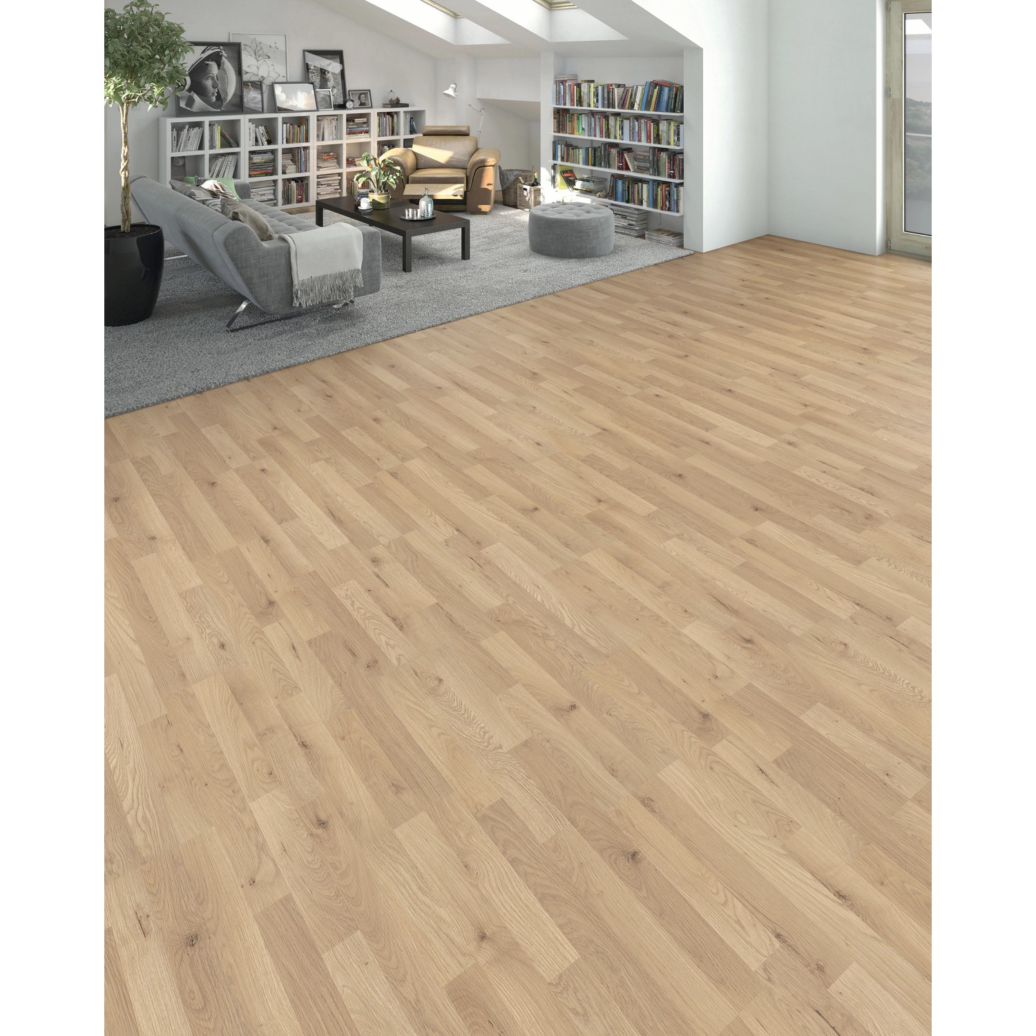 Living by Haro Laminat Steineiche, 7mm stark, verlegt in modernem Wohnraum.