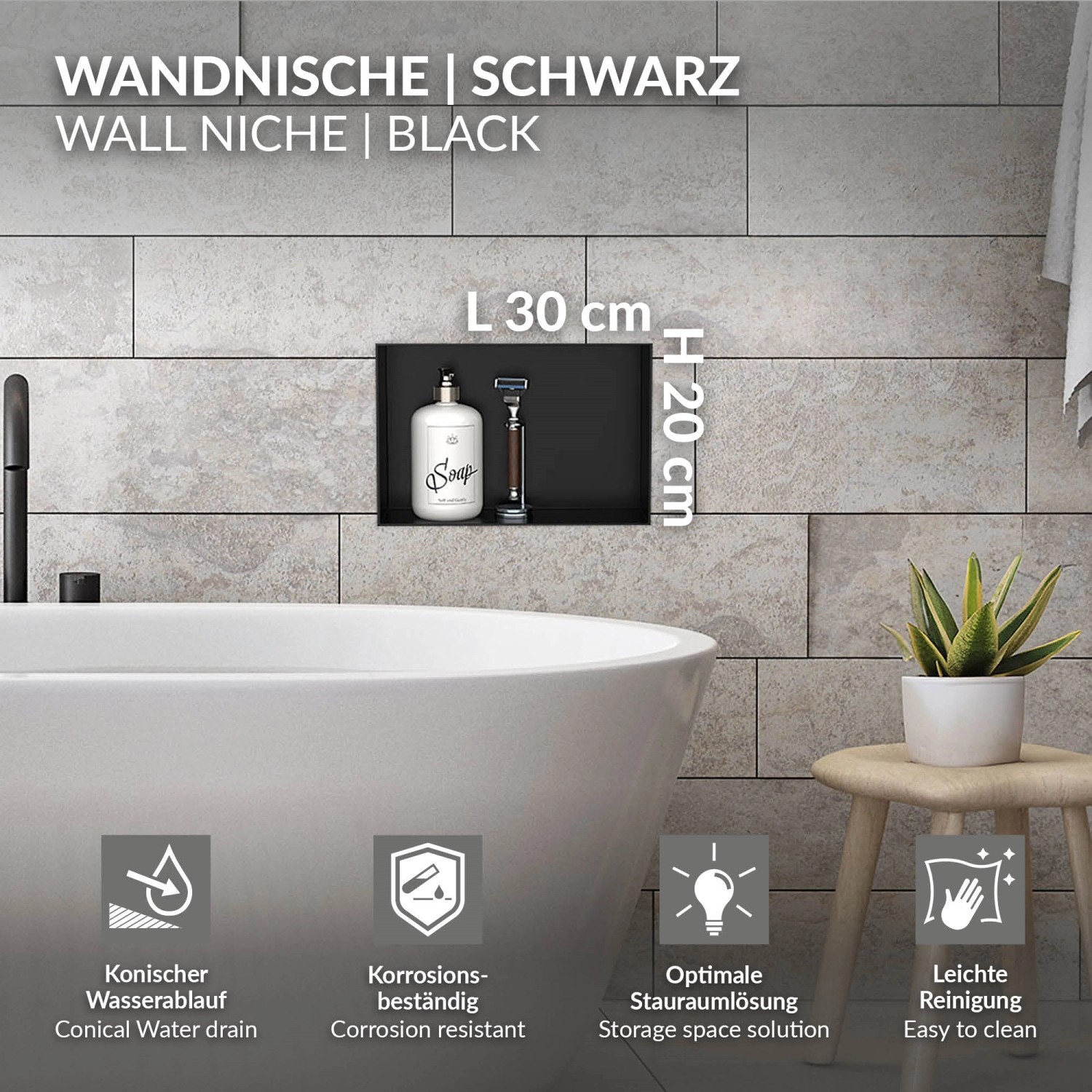 Schwarze LuxeBath Wandnische aus Edelstahl, 20x30x10cm, randloses Einbauregal für Duschzubehör.