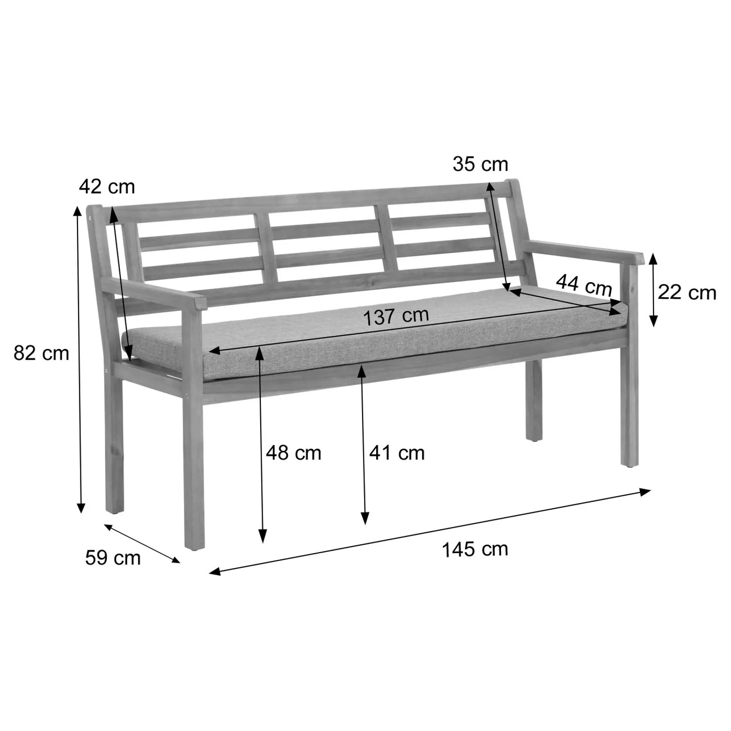 MCW Gartenbank N47 aus Akazienholz mit Sitzkissen, Maße eingezeichnet.