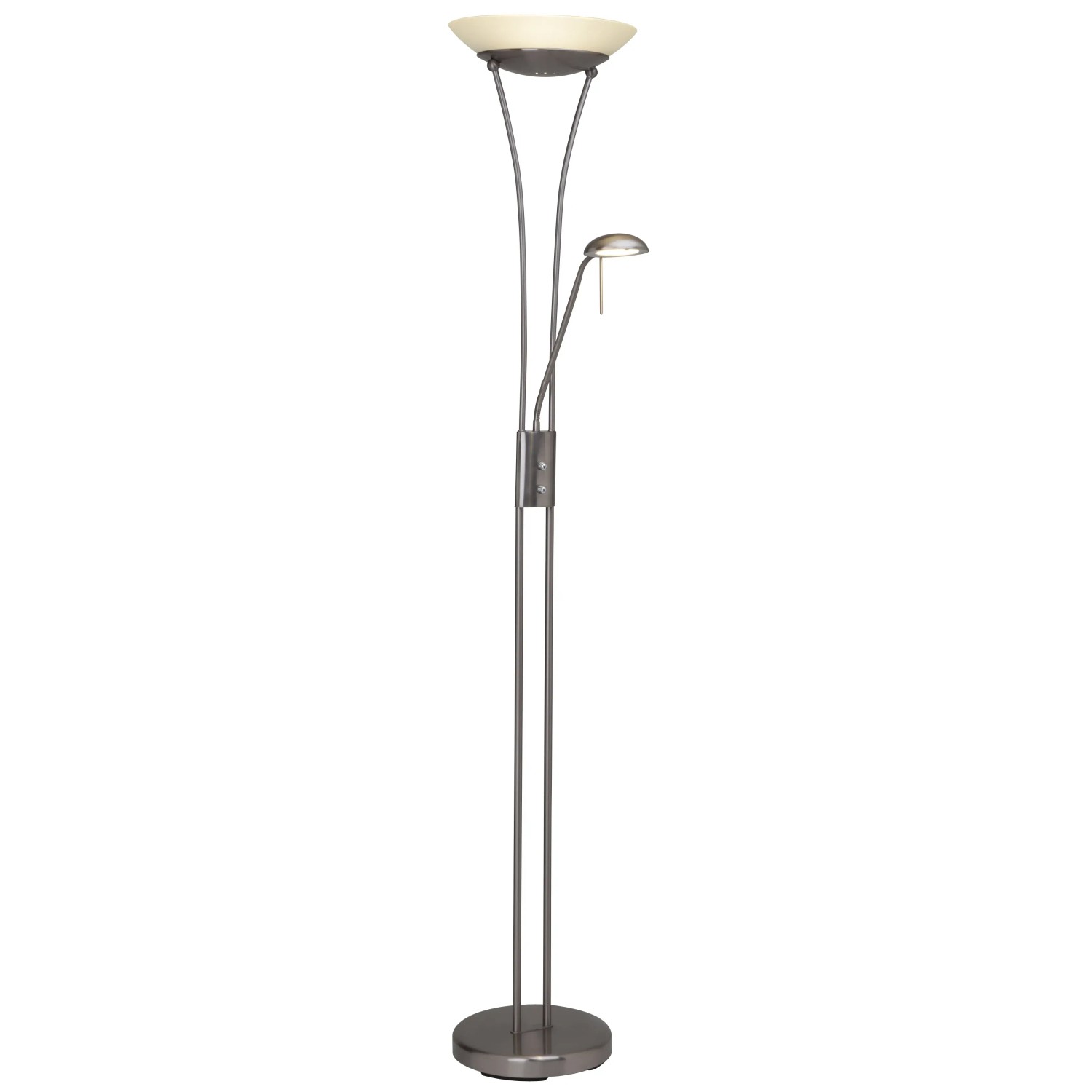 Weiße LED-Stehleuchte Finn mit Leseleuchte, aus Metall und Glas. Dimmbarer Deckenfluter für Wohnräume.