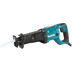 Makita Reciprosäge JR3051TK: Leistungsstarke Säbelsäge in Türkis und Schwarz mit eingesetztem Sägeblatt.