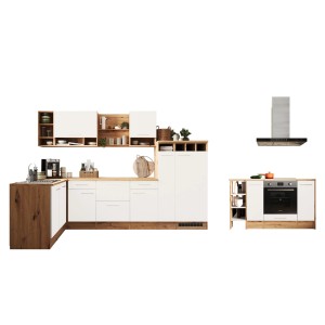 Respekta Inselküche Hilde 310 cm in Weiß mit Elektrogeräten und Arbeitsplatte.