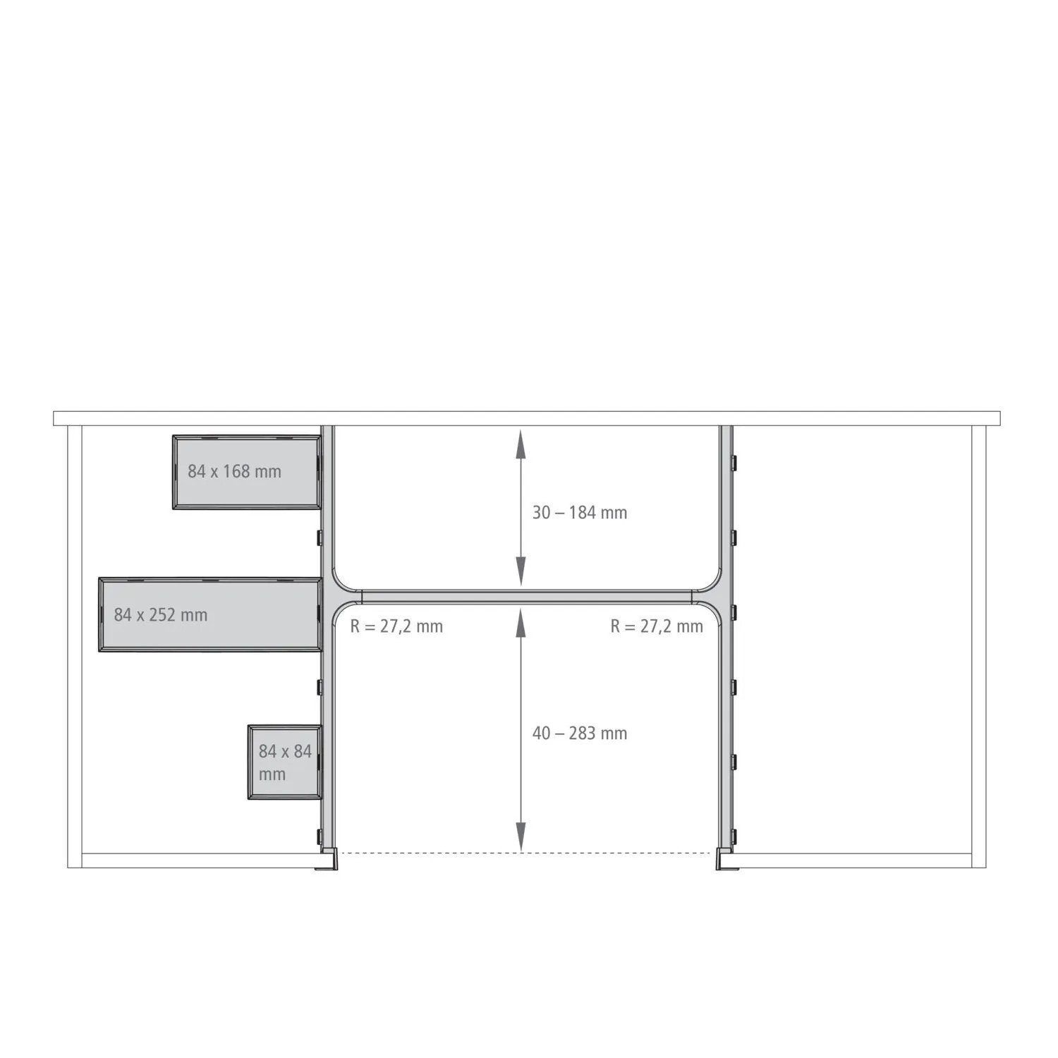 Ninka Banio Schubladeneinsatz Rahmenset: Technisches Diagramm mit Siphon Ausschnitt, Maßen und flexibler Organisation.