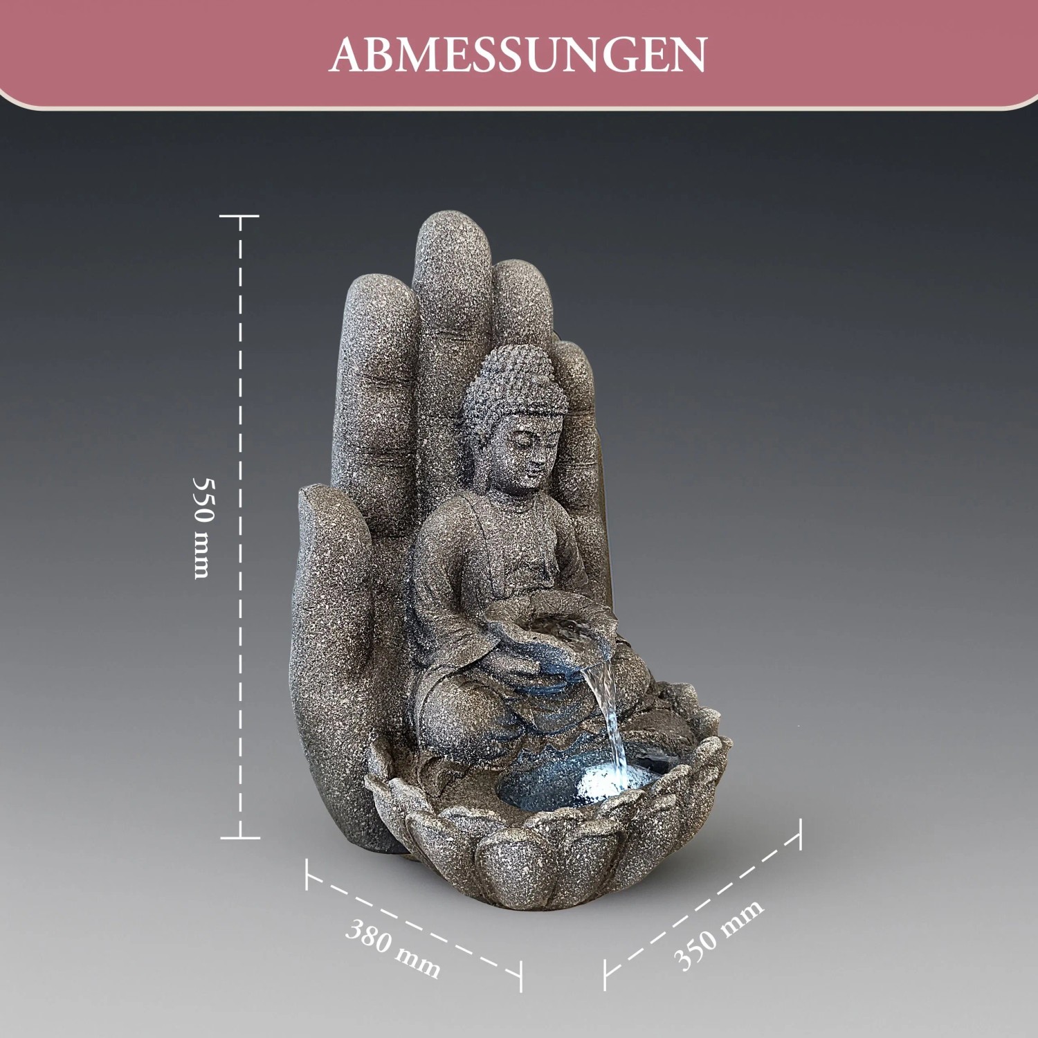Intergarden Wasserspiel Zimmerbrunnen Mittelgroß Buddha 55cm mit Beleuchtung Schwarz_9