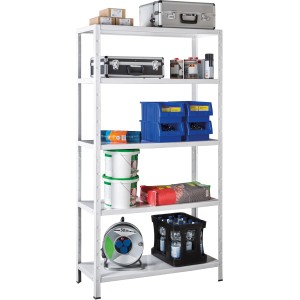 Weißes Schulte Steckregal mit fünf Böden, ideal zur Aufbewahrung in Keller, Garage oder Werkstatt.