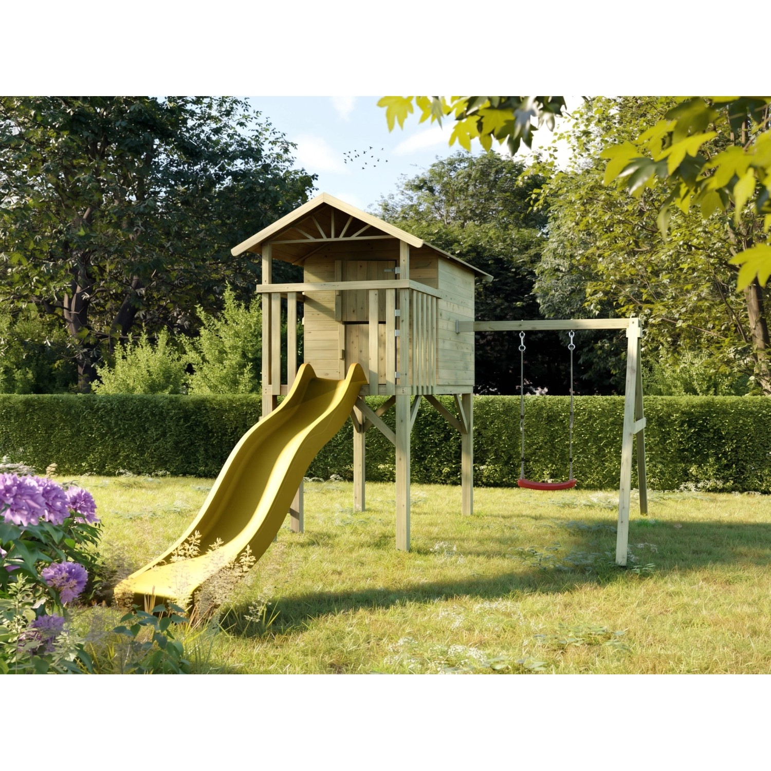 Prestige Garden Stelzenhaus Tree Hut KDI Inklusive Einzelschaukel und Rutsche Gelb