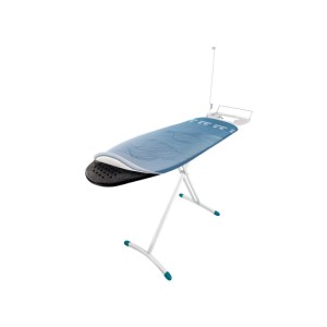 Leifheit Bügeltisch Air Board Express L Solid mit blauem Bezug, weißem Gestell, fester Dampfstation Ablage und Halterungen.