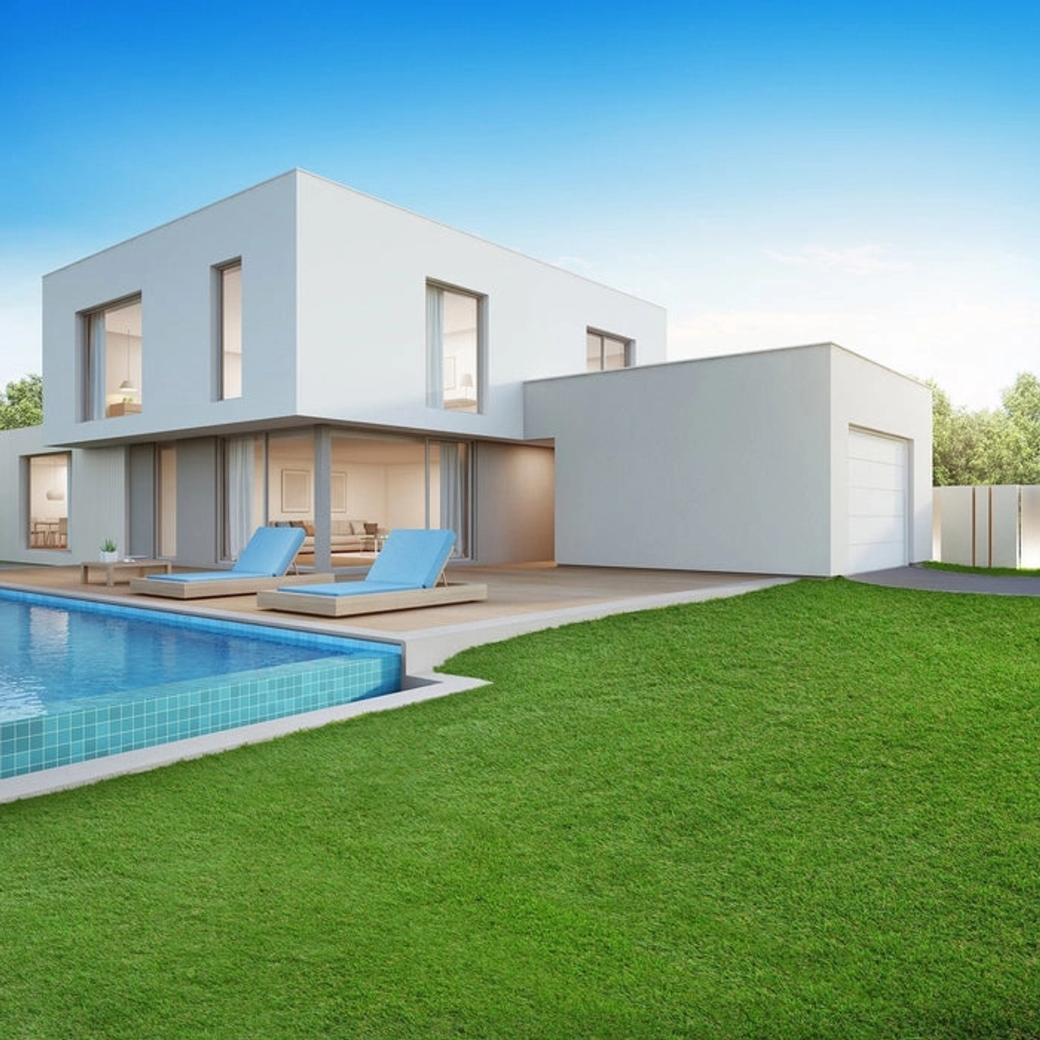 Sonniger Garten mit Kunstrasen Lemon, Pool und modernem Haus. Der Kunstrasen sorgt für eine grüne Wohlfühloase.