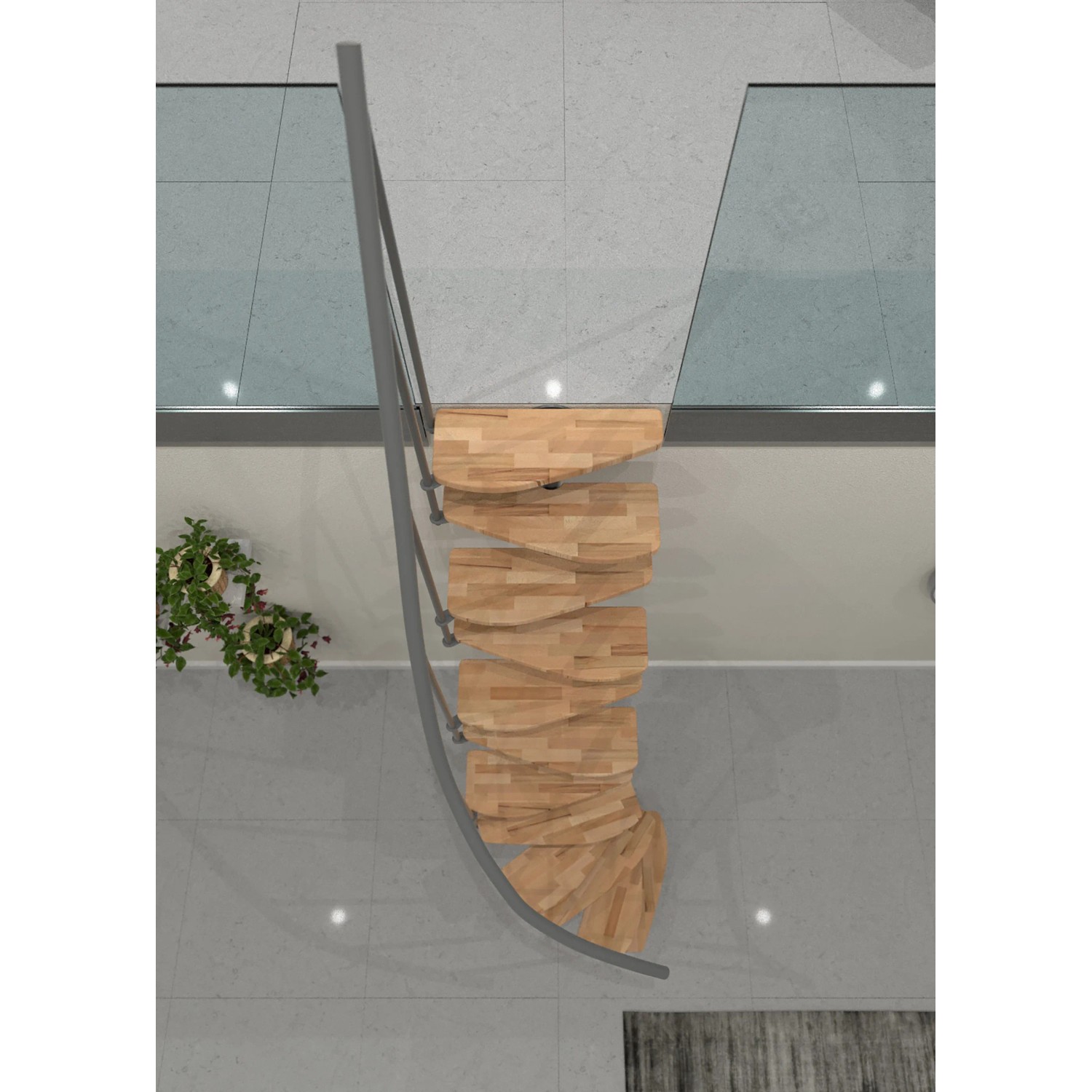 Minka Raumspartreppe Monte Carlo, Buche hell, von oben. Elegante Innentreppe für wenig Platz.