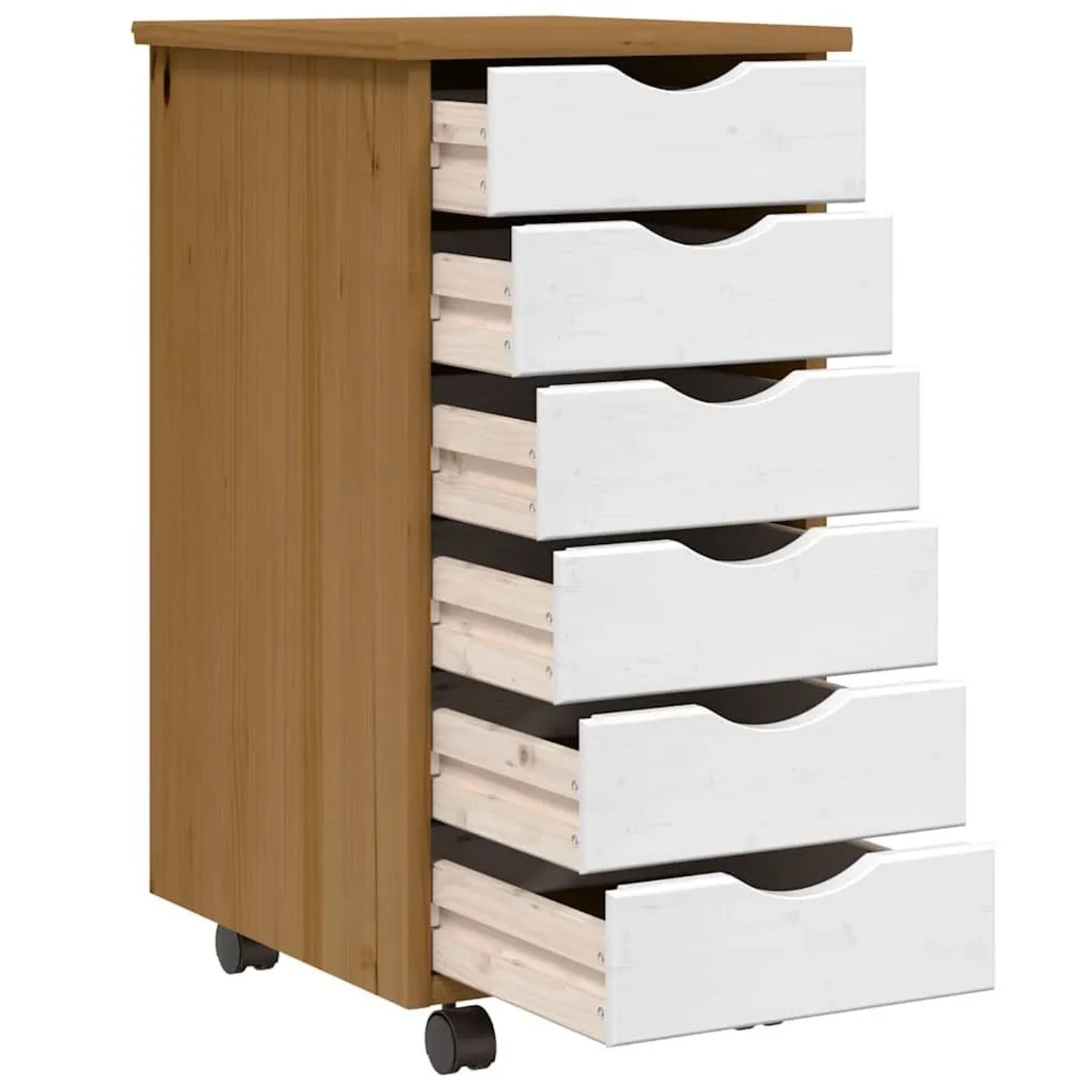 Rollschrank MOSS honigbraun mit 6 Schubladen, Kiefer Massivholz, für Wohnzimmer.