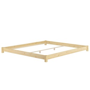 Flaches Kiefernholz Doppelbett 180x200 cm, natur lackiert. Minimalistischer Bodenbettrahmen für Ehebett, ohne Zubehör.