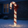 XXL LED Zuckerstange, rot-weiß gestreift mit roter Schleife, leuchtet warmweiß im Schnee als Weihnachtsdeko für den Garten.