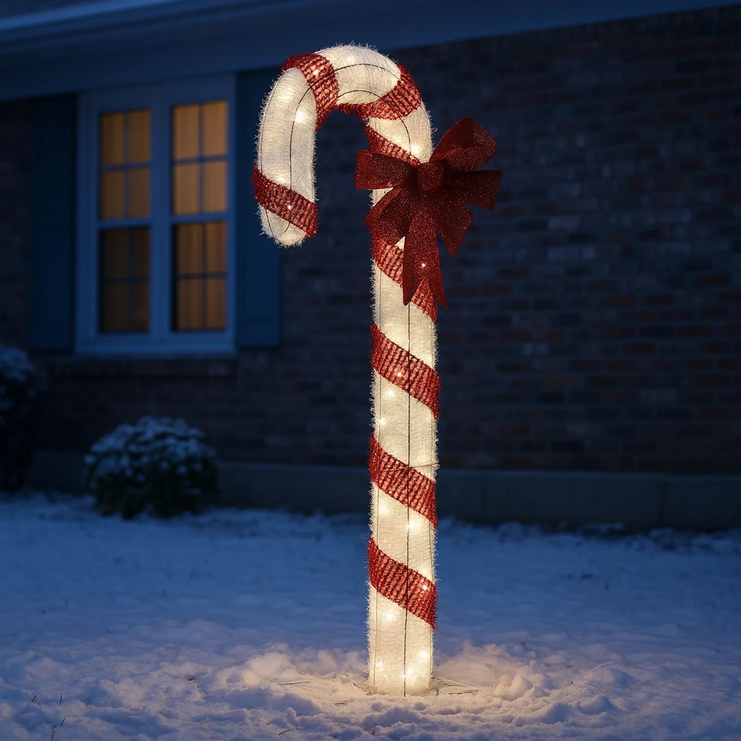 XXL LED Zuckerstange, rot-weiß gestreift mit roter Schleife, leuchtet warmweiß im Schnee als Weihnachtsdeko für den Garten.