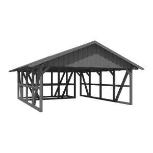 Grauer Skan Holz Carport Schwarzwald mit Dachschalung und Abstellraum, 684x772 cm.