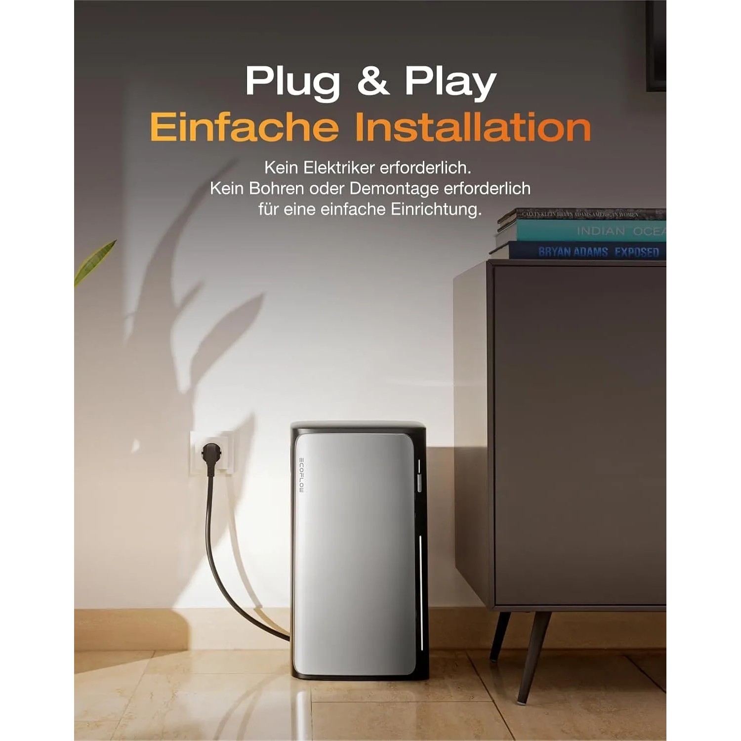 EcoFlow Stream Pro Balkonkraftwerk Speicher, silber-schwarz, an Steckdose. Plug & Play Installation.