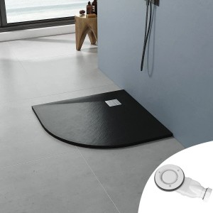 Aquabatos Viertelkreis Duschwanne 90x90 cm, schwarze Duschtasse mit Schieferoptik und Ablaufgarnitur.