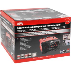 APA Werkstattladegerät Digital 6/12V 12A mit Starthilfe im Karton. Geeignet für AGM-, Gel- und Bleisäure-Batterien.