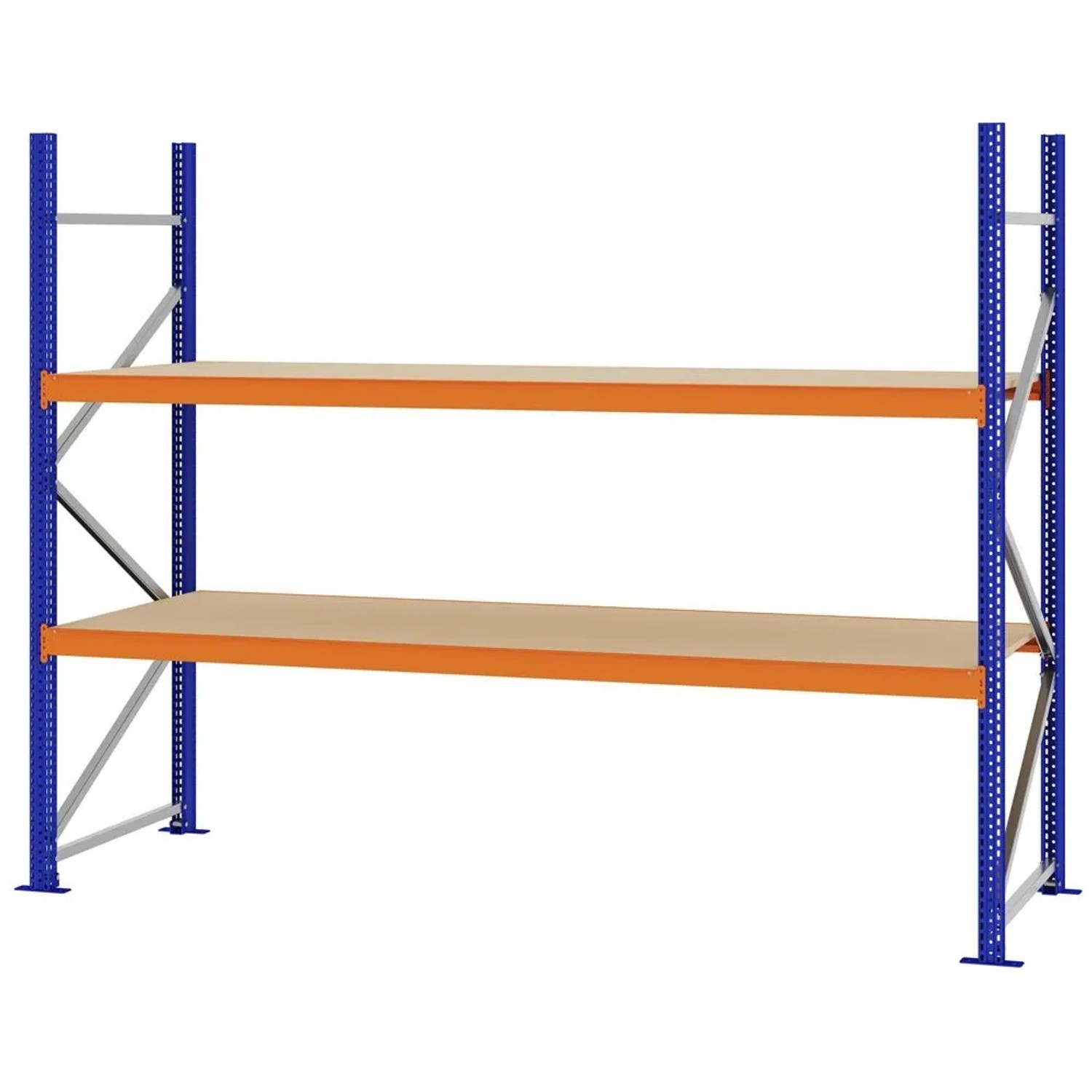 PROREGAL Weitspannregal Schraub-Stecksystem MAGNUS PRO Made In Germany Grundregal 200x250x80cm 2 Ebenen Spanplattenböden Fachlast 430kg Blau/Orange