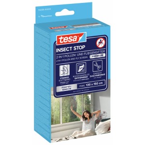 Verpackung des tesa® Insect Stop 2in1 Pollen- und Fliegengitters in Anthrazit für Fenster.