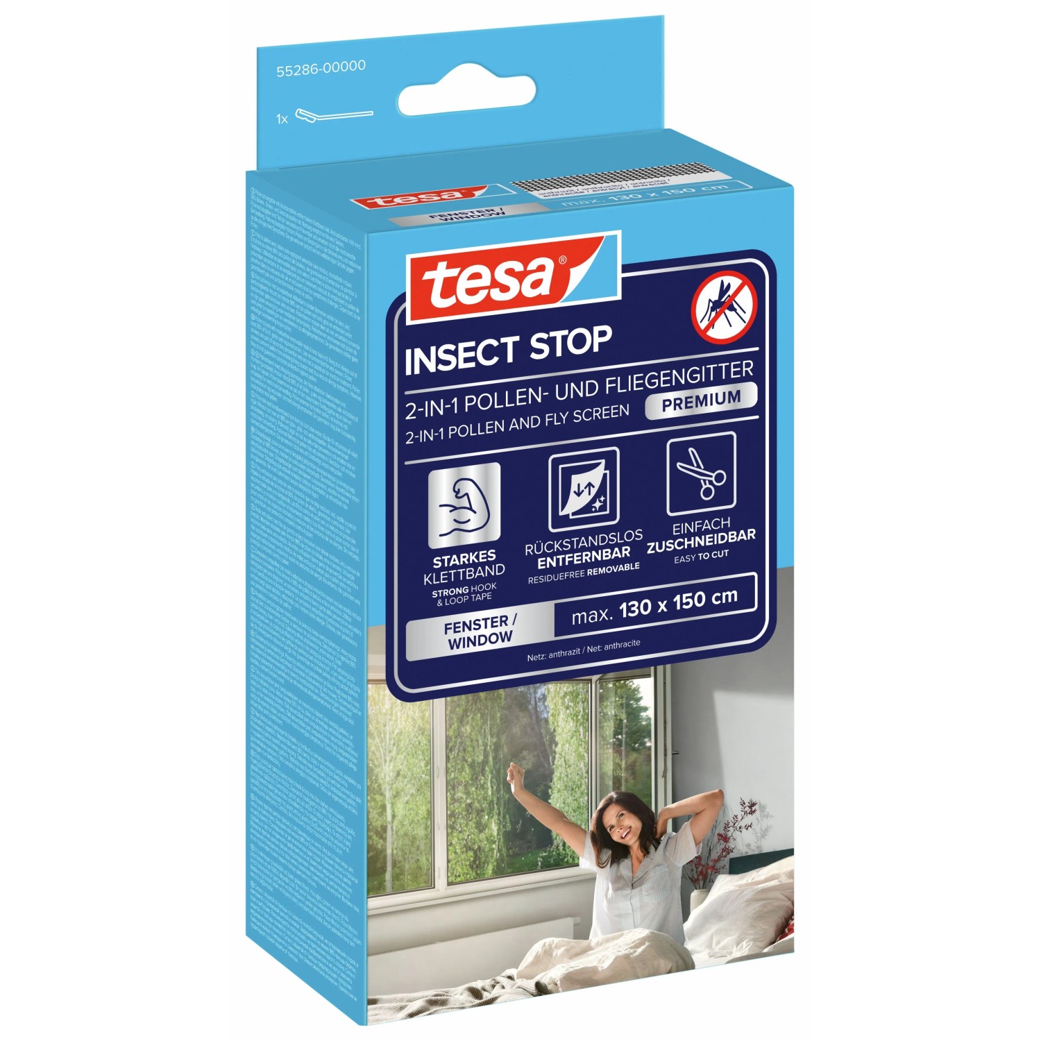 Verpackung des tesa® Insect Stop 2in1 Pollen- und Fliegengitters in Anthrazit für Fenster.