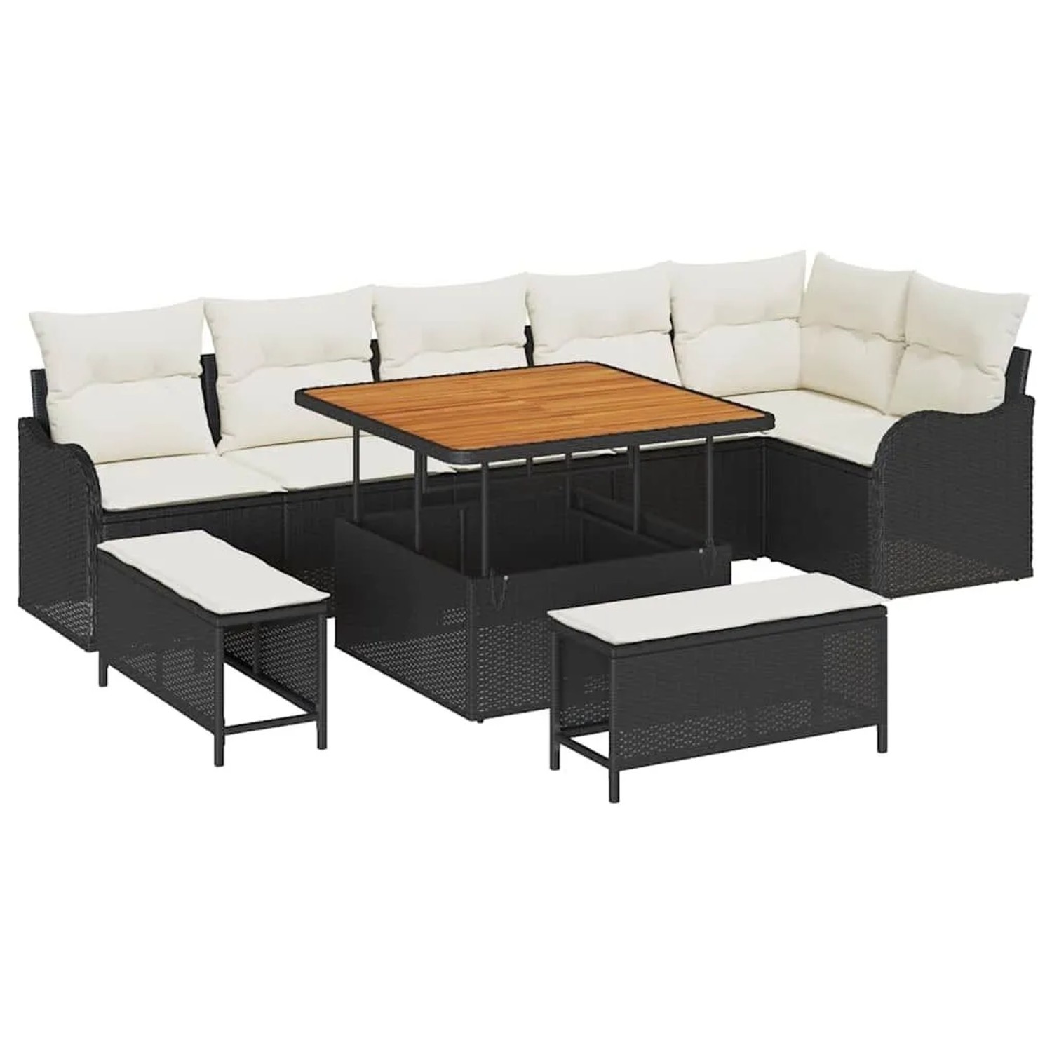 vidaXL Garten-Sofa-Set mit Kissen mit Speicher 9-Tlg Schwarz und Creme 3364225