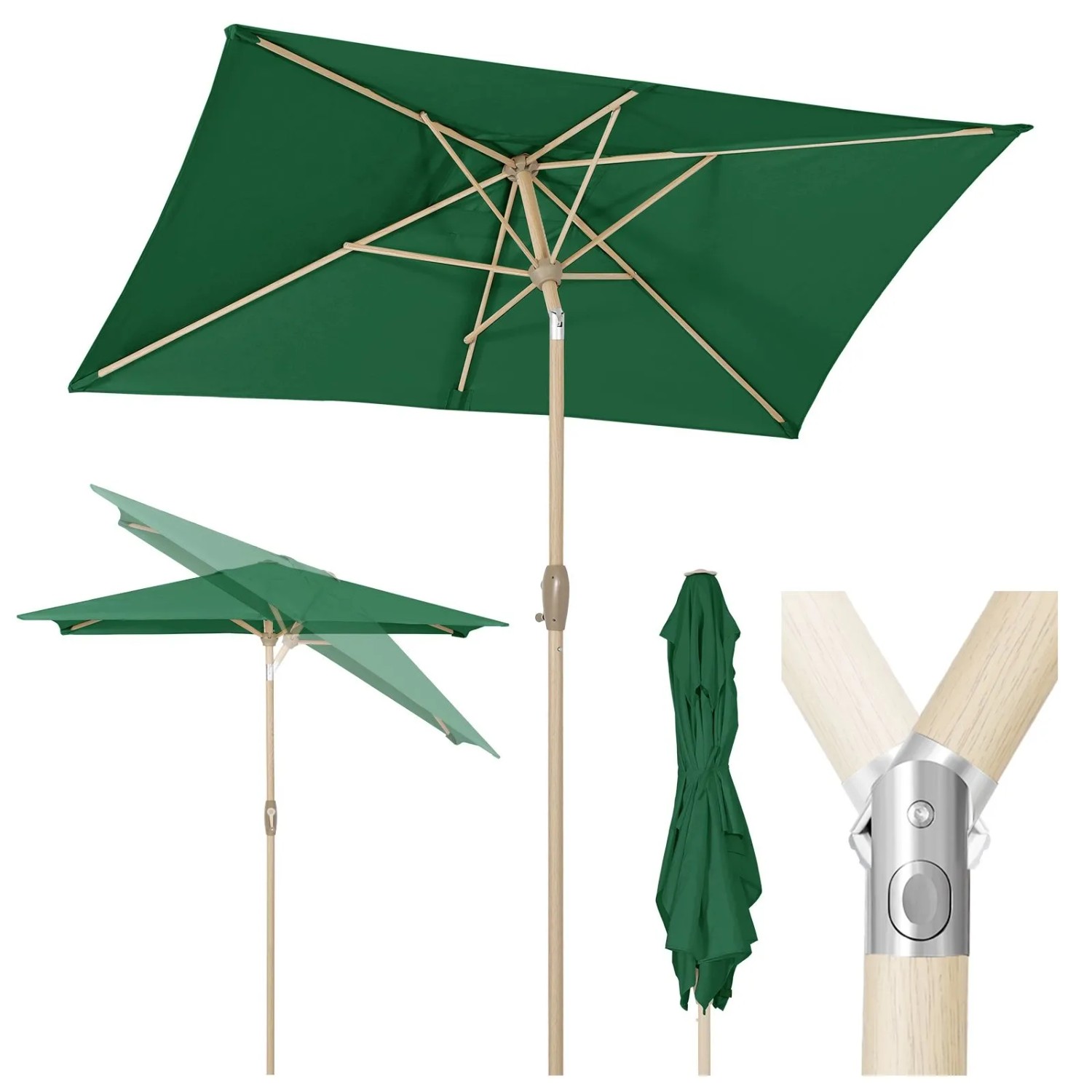 Sekey Aluminium Sonnenschirm 210 x 140 cm Rechteckig Knickbar Holzoptik Gartenschirm für Balkon Terrasse und Garten UPF50+ Sonnenschutz