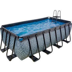 Grauer EXIT Stone Pool 400x200x122 cm mit Sandfilterpumpe und Leiter. Stahlrahmenpool mit Steinmuster.