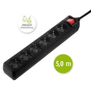 Schwarze Hama Steckdosenleiste mit 6 Schutzkontakt-Steckdosen, Schalter und 5 m Kabel.