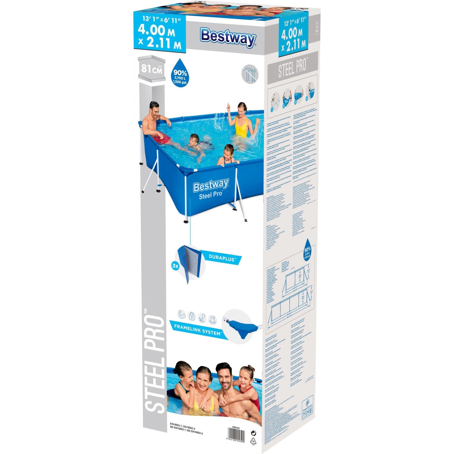 Verpackung des Bestway Frame Pool Steel Pro 400x211x81cm, blauer Stahlrahmenpool.