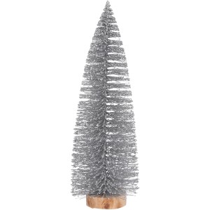 Silberner Deko-Tannenbaum aus Kunststoff mit Holzfuß, 32 cm hoch, für weihnachtliche Stimmung.