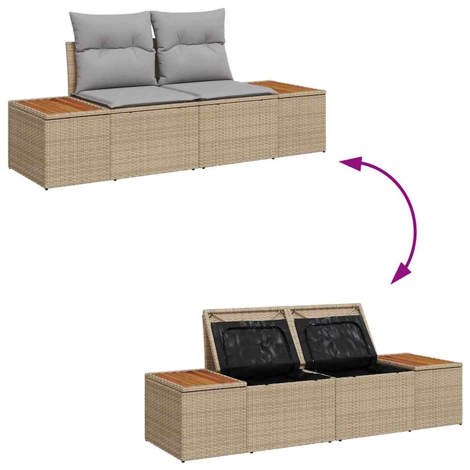 Beiges 6-tlg. vidaXL Garten-Sofa-Set aus Rattan mit Stauraum und Tisch.
