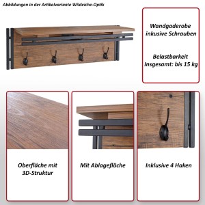 Dunkelbraunes Wandgarderobenpaneel mit 4 Haken, Ablage und 3D-Struktur.