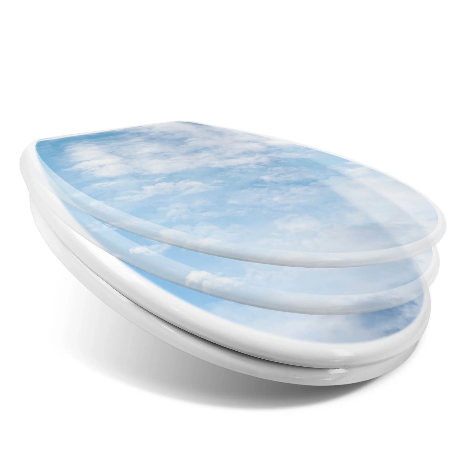 Weißer Toilettendeckel mit Wolken Motiv und Absenkautomatik. WC-Sitz aus Duroplast für mehr Hygiene.
