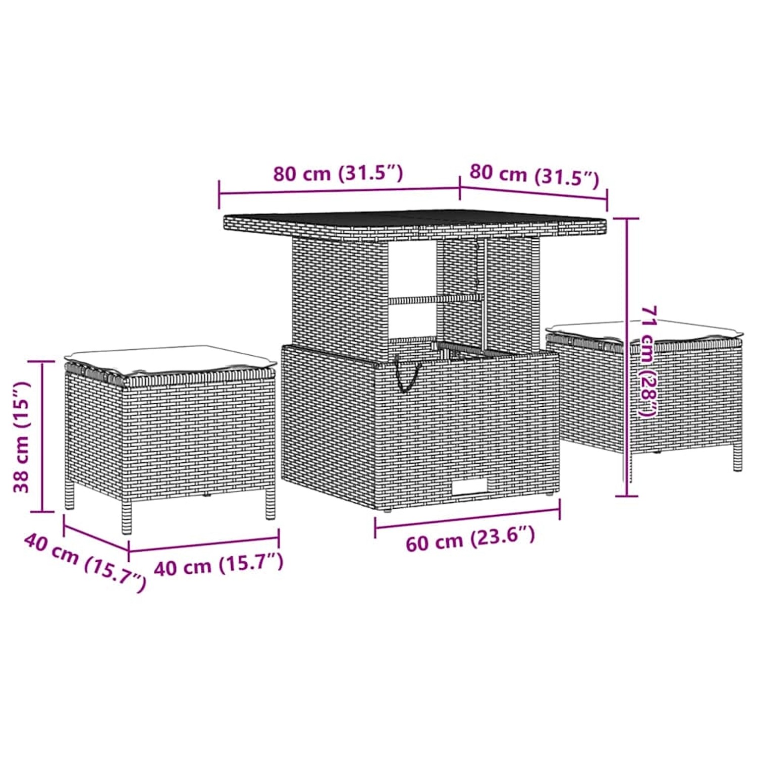vidaXL Gartenmöbel Set, 8-teilig, schwarz, Poly Rattan, mit Tisch und Hockern.