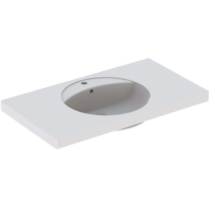 Weißes Geberit Preciosa Waschbecken, 100 cm breit, mit runder Beckenform und seitlicher Ablagefläche.