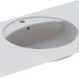 Weißes Geberit Preciosa Waschbecken, 100 cm breit, mit runder Beckenform und seitlicher Ablagefläche.