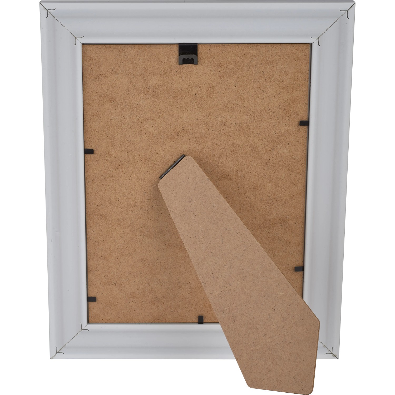 Rückansicht: Weißer Kunststoff Bilderrahmen 18x24 cm mit Aufsteller und Aufhänger.