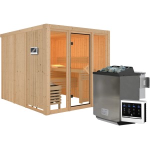 Karibu Sauna Svava mit Glasfront, Ofen und Steuerung. Massivholzsauna für entspannte Stunden.