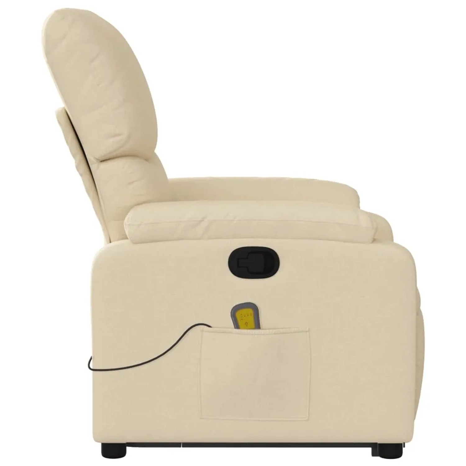 Cremefarbener Massagesessel mit Aufstehhilfe aus Stoff, Seitenansicht.