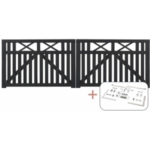 Schwarzes Doppeltor Vinesse aus Nadelholz, 300x98 cm, mit Beschlägen für Gartenzäune.