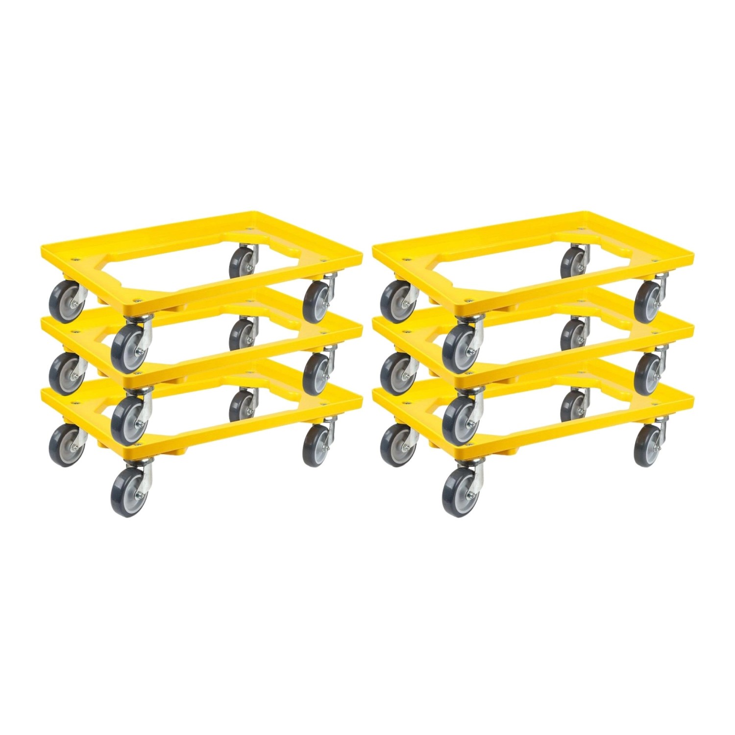 Gelbe PROREGAL Transportroller für Euroboxen (60x40 cm) mit Gummirädern, 2 Lenk- und 2 Bremsrollen. Traglast 300 kg.