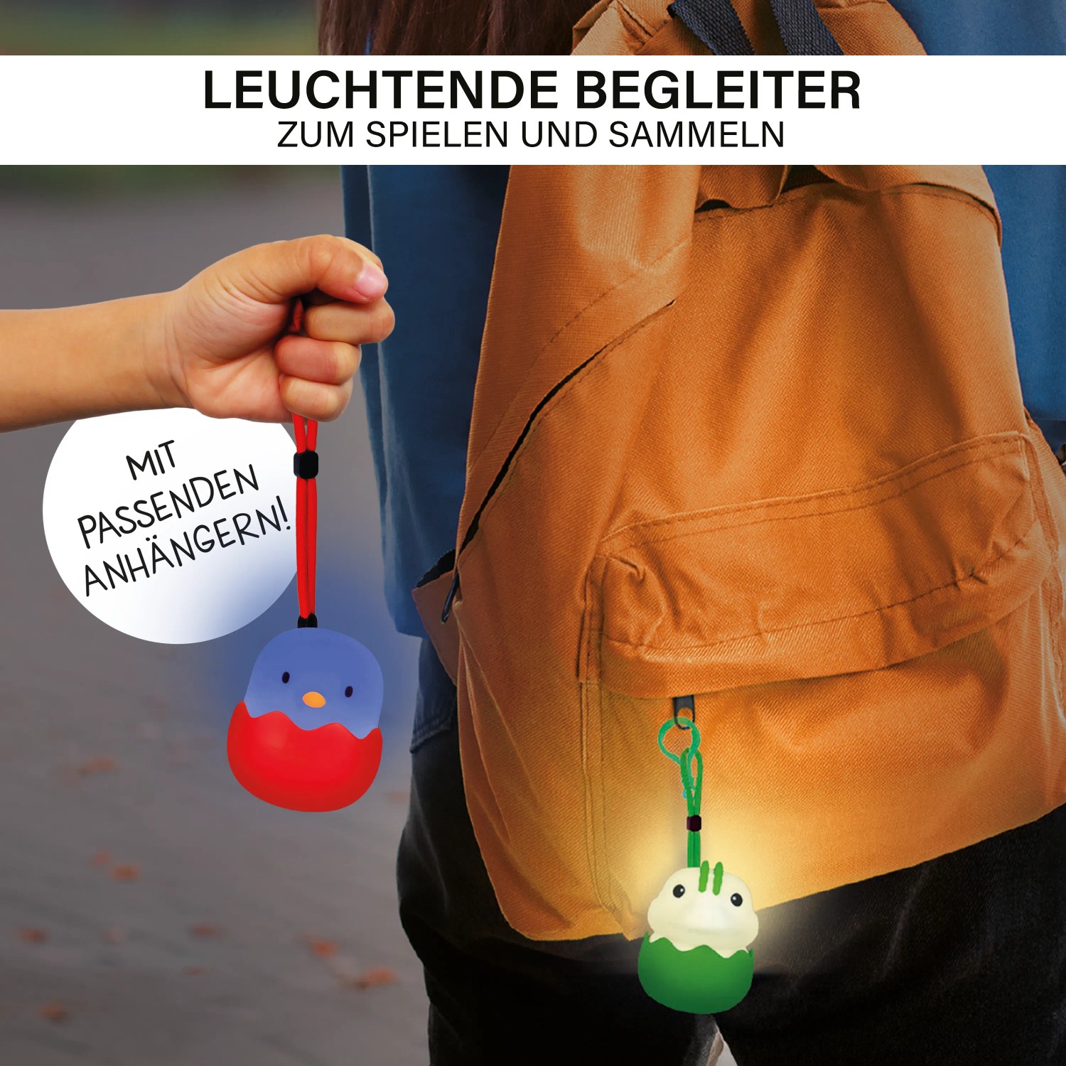 MegaLight Mini Lichter Eggy's, dimmbare Nachtlichter mit Akku, 9-fach sortiert, mit Anhänger am Rucksack.